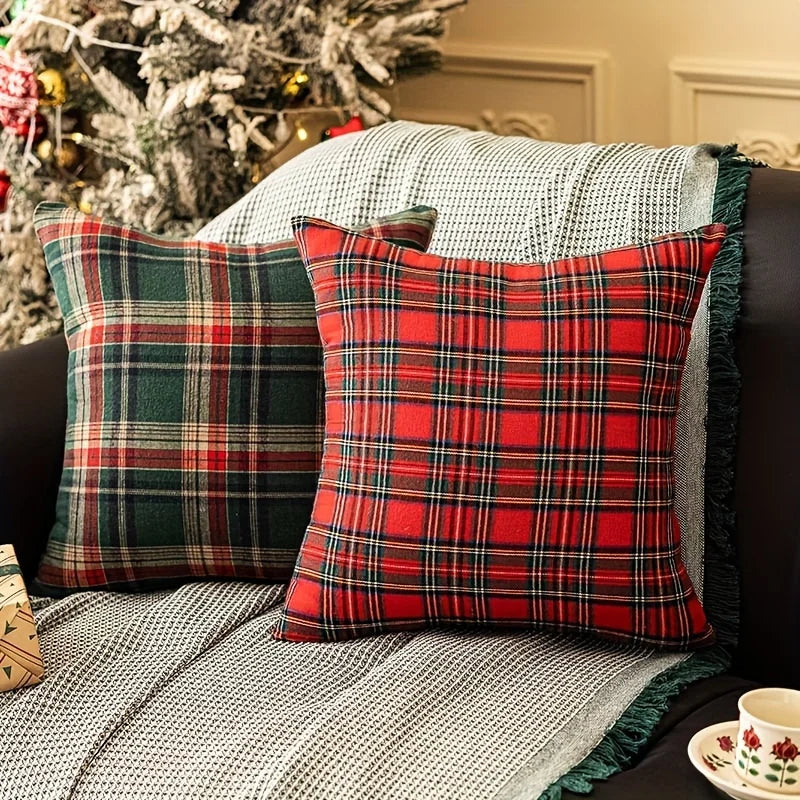 housse coussin carré imprimé écossais rouge vert traditionnelle polyester décoration intérieure noël chambre voiture