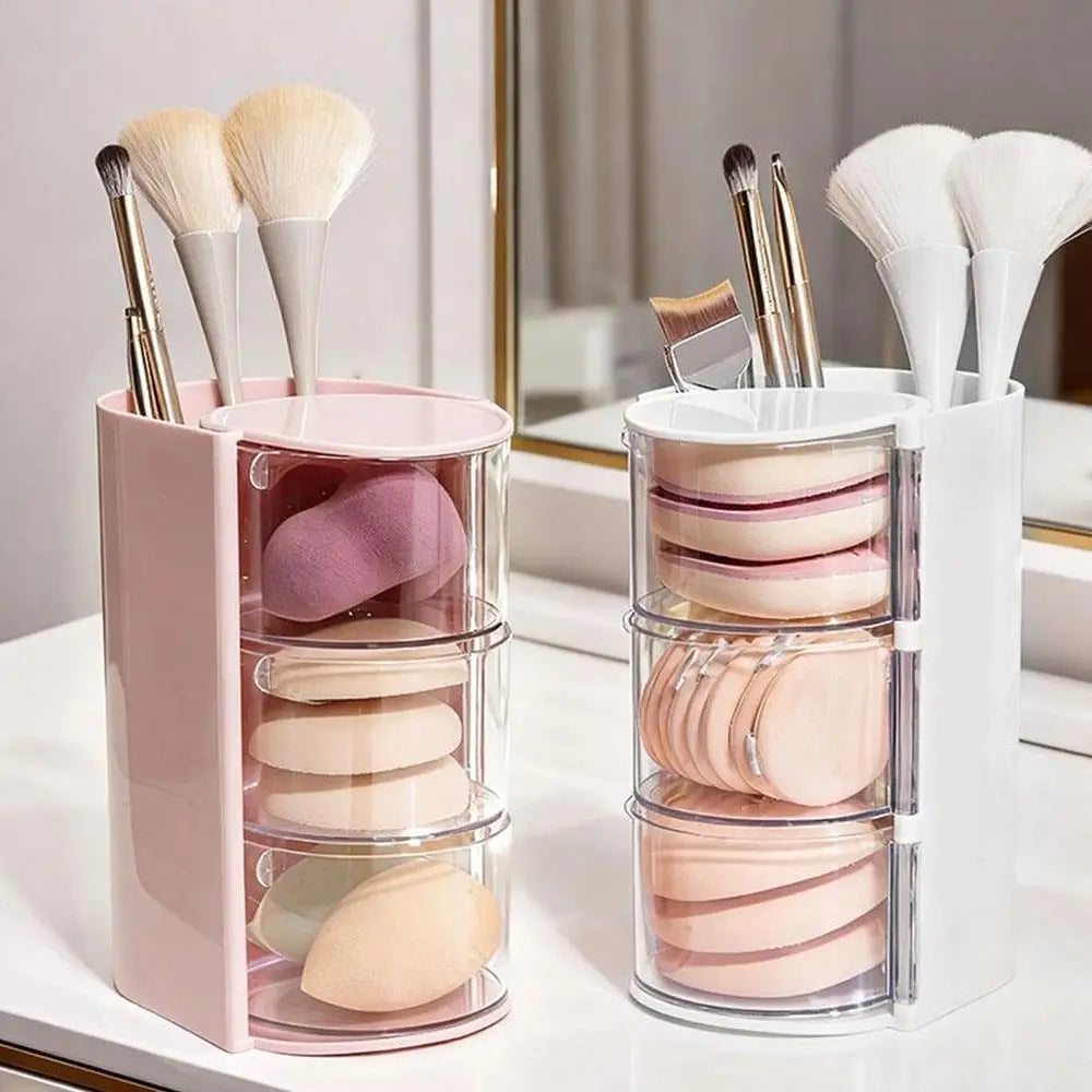 boîte rangement rotative transparente rose blanche poudre éponge peigne pinces maquillage accessoires beauté moderne