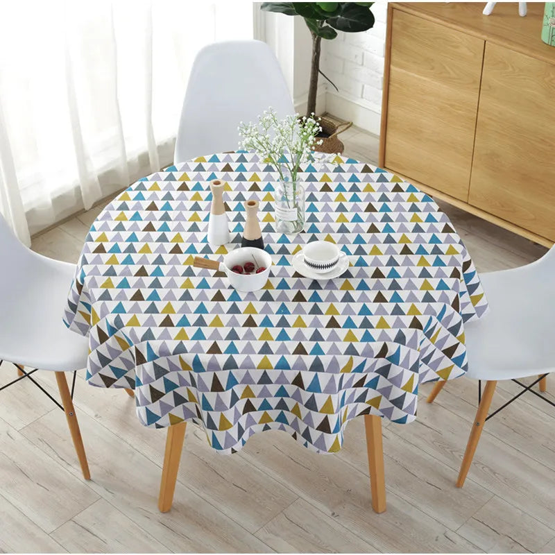nappe ronde moderne triangles géométriques jaune bleu gris washable table manger mariage fête