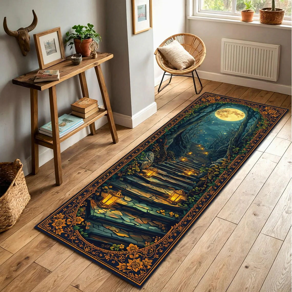 tapis moderne fleuri paysage forestier escalier pierre porte ronde vert brun noir