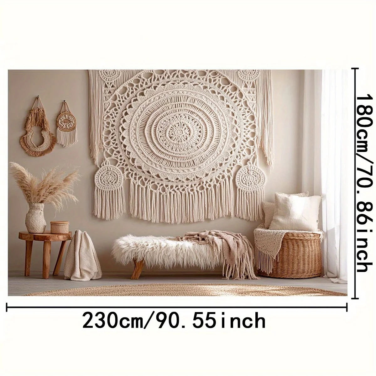 tapis macramé boho chic beige clair motif circulaire franges occasion anniversaire décoration maison