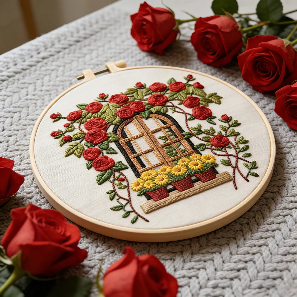 Kit broderie fleurs roses pivoines tissu beige fils aiguilles instructions anglaises anneaux boisDecoration artisanale