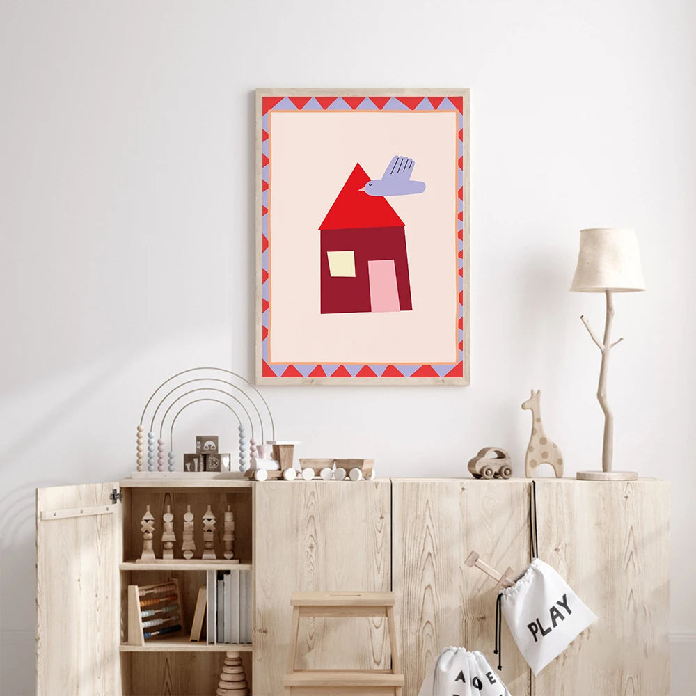 toile d'art illustration simple colorée maison chaussures lune objets enfant chambre rose rouge vert