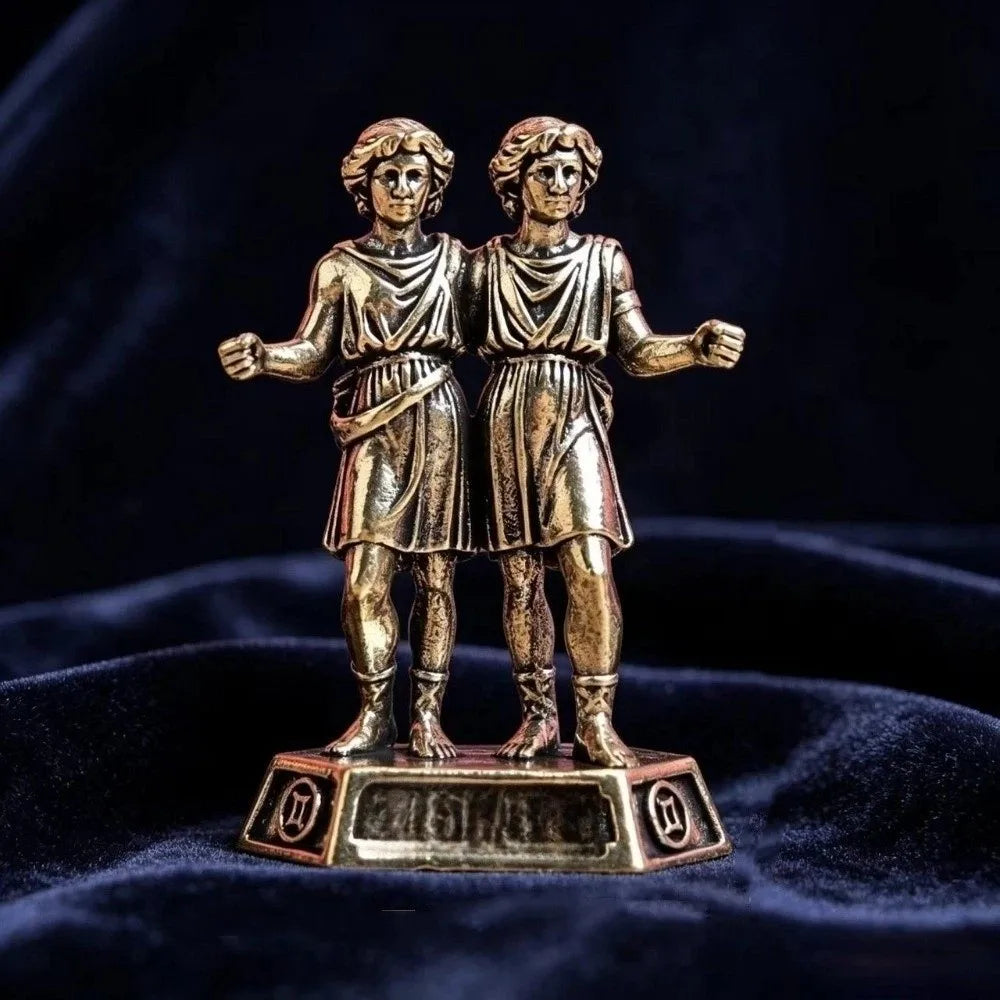statues zodiacales bronze doré détaillées classiques base carrée étiquette nom signe zodiaque
