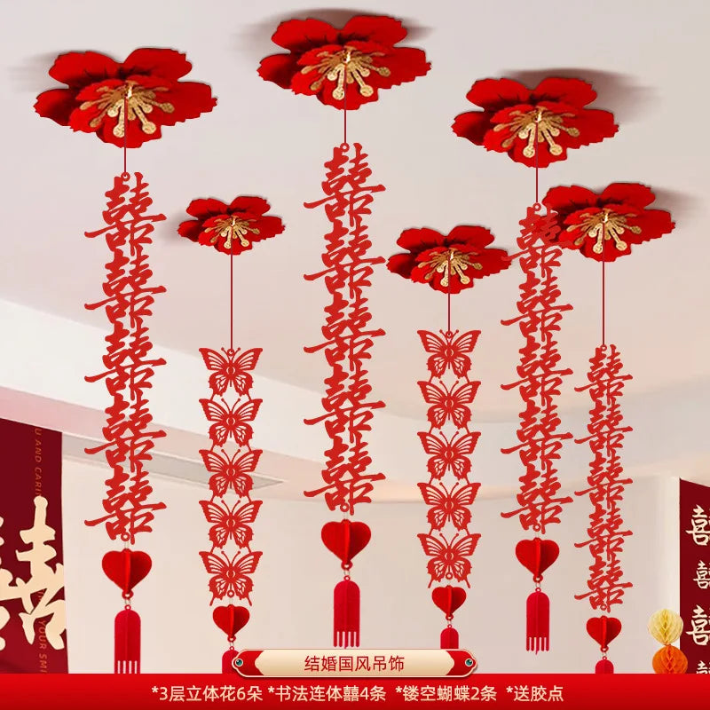 décoration murale mariage papillons coeurs caractères chinois rubans artisanal traditionnel rouge
