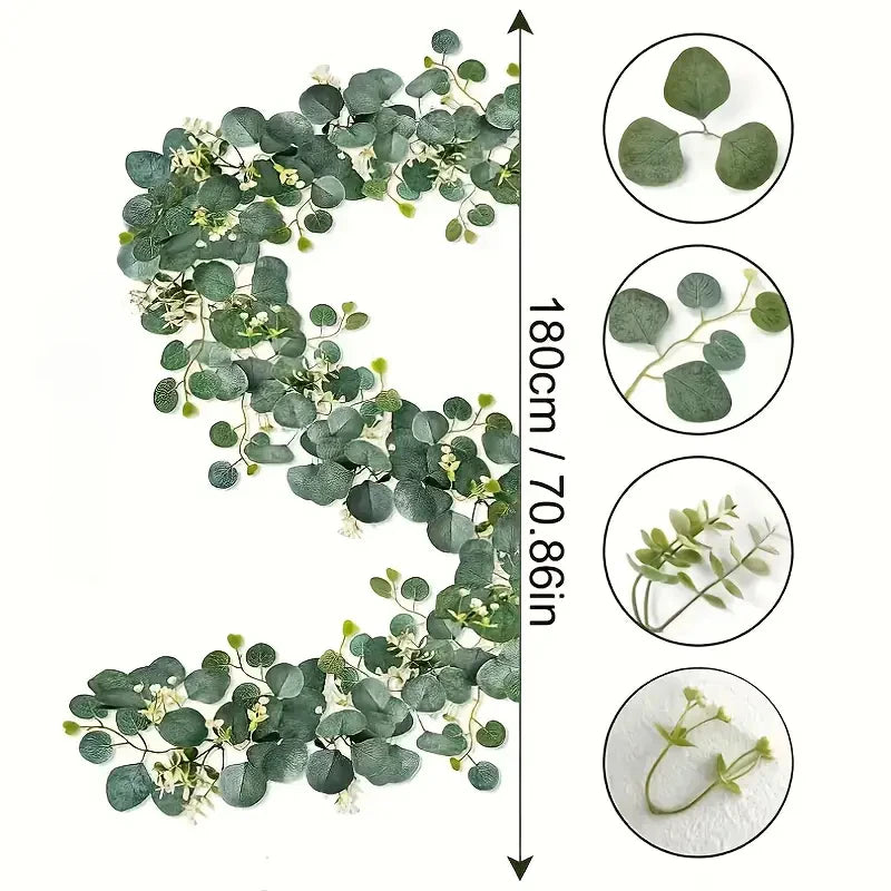 guirlande feuilles eucalyptus vertes fleurs blanches decoration exterieur naturelle rustique 180cm impermeable reutilisable