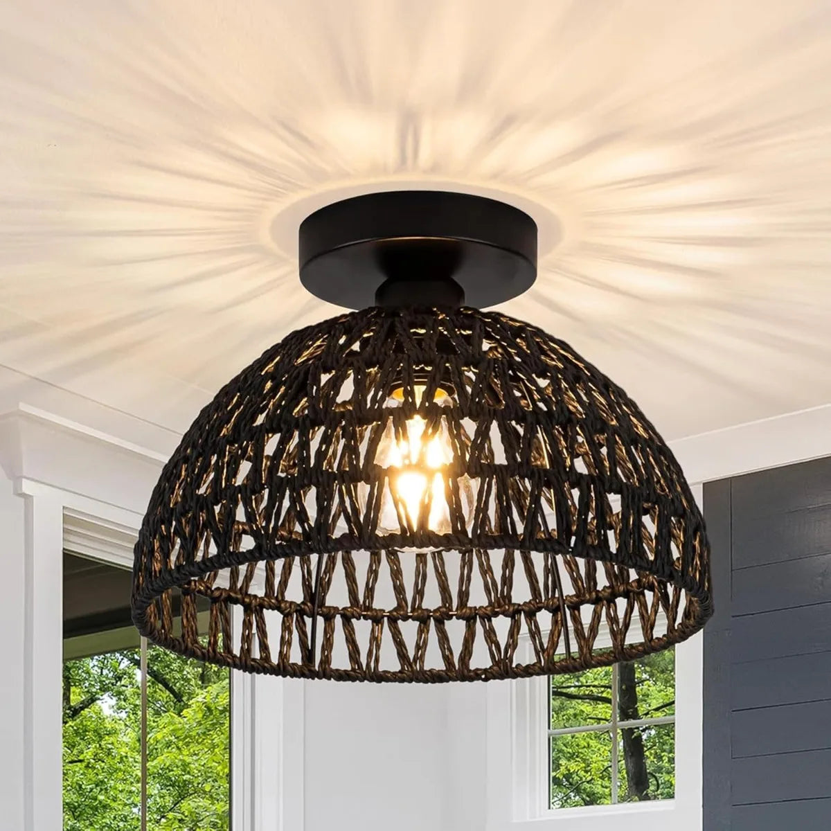 lampe moderne rustique rotin tressé naturel noir fixée sans ampoule