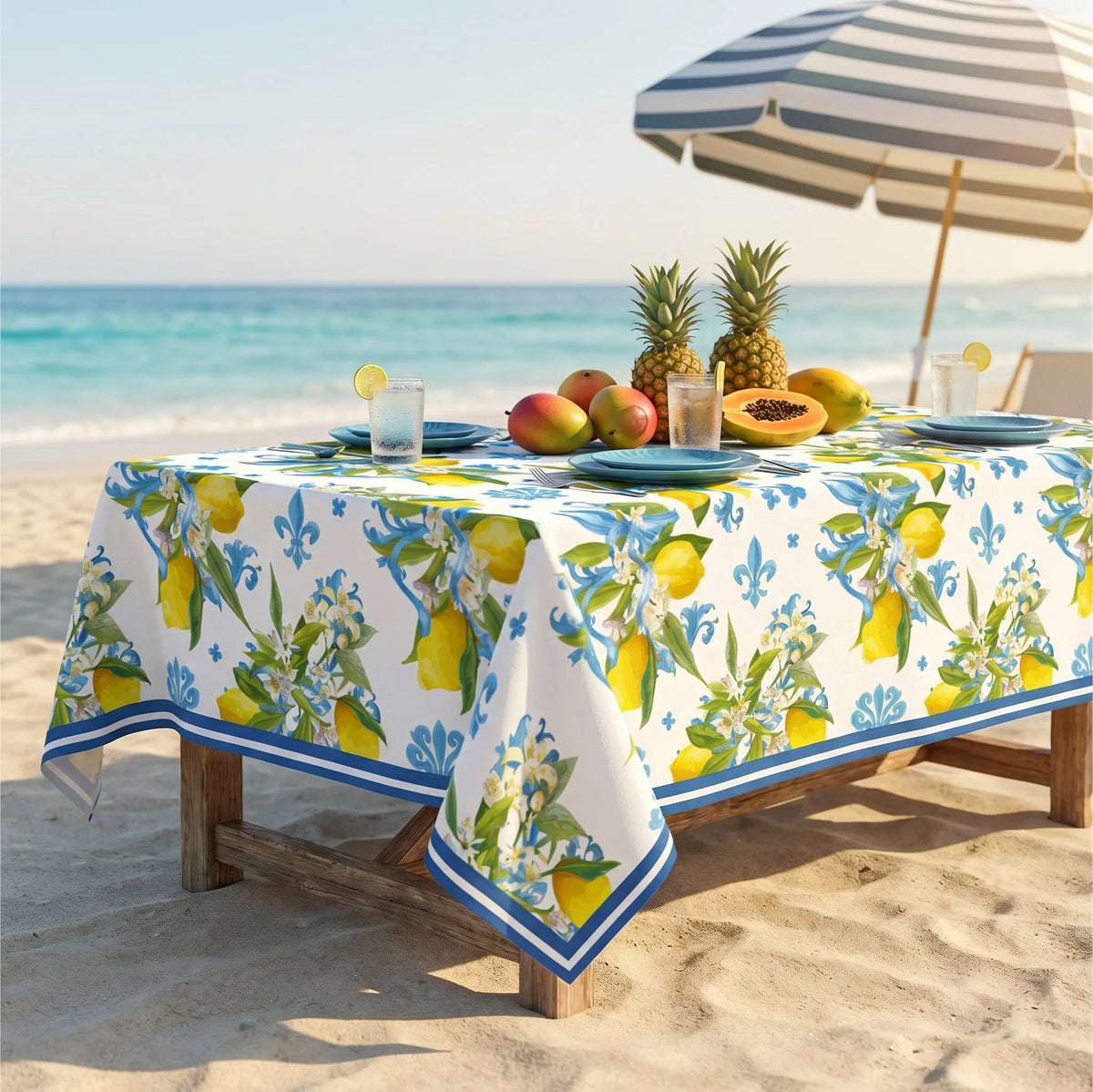 nappe table méditerranéenne motifs floraux citrons ronde rectangulaire printemps été mariage décoration provençale assiettes