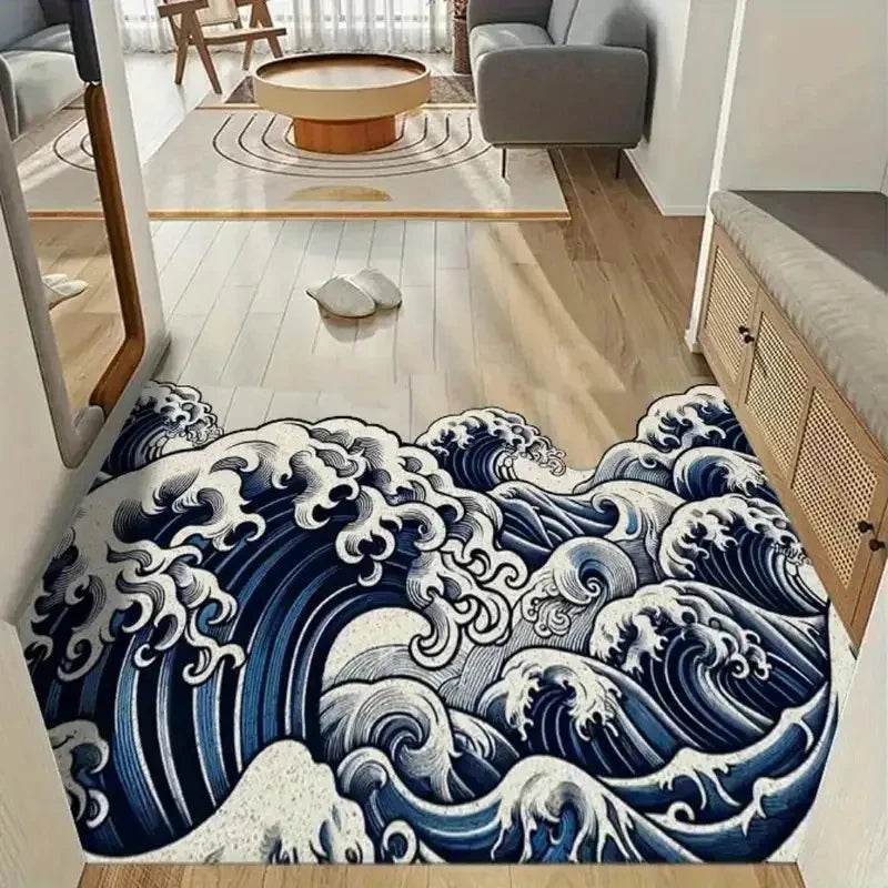 tapis sol antidérapant vagues japonaises bleu blanc moderne entrée prière exercice