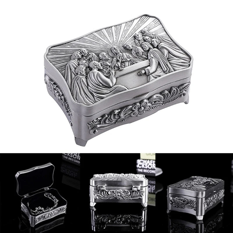boîte bijoux argentée relief cène intérieur noir clapet artisanal classique anti rayures organiser trousse