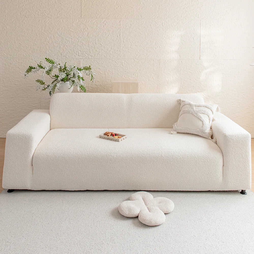 Housse canapé bouclée blanc cassé moderne anti poussière ruban adhésif lavable machine 90 300cm