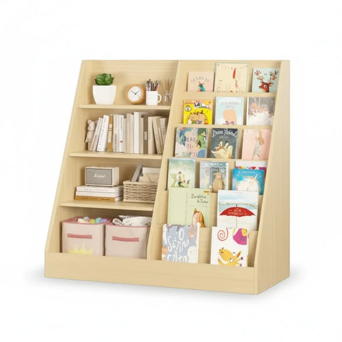 présentoir livres enfant moderne mdf étages beige bois naturel vis assembly