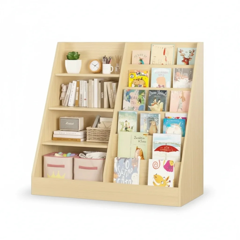 présentoir livres enfant moderne mdf étages beige bois naturel vis assembly