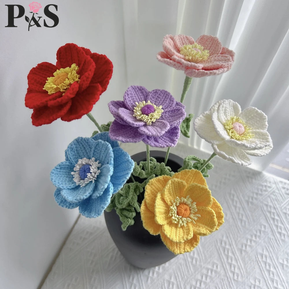 fleurs artificielles tricotées rouge rose violet bleu anniversaire décoration maison coton artisanal intérieur
