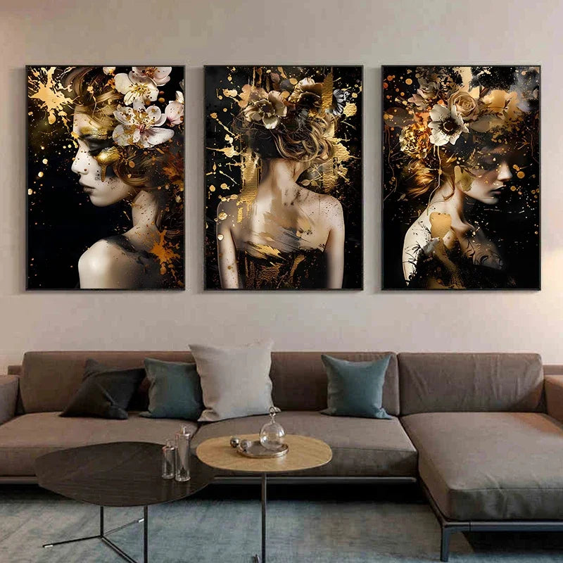 toile d'art contemporain abstrait fleurs dorées sans cadre moderne décoration maison noir blanc