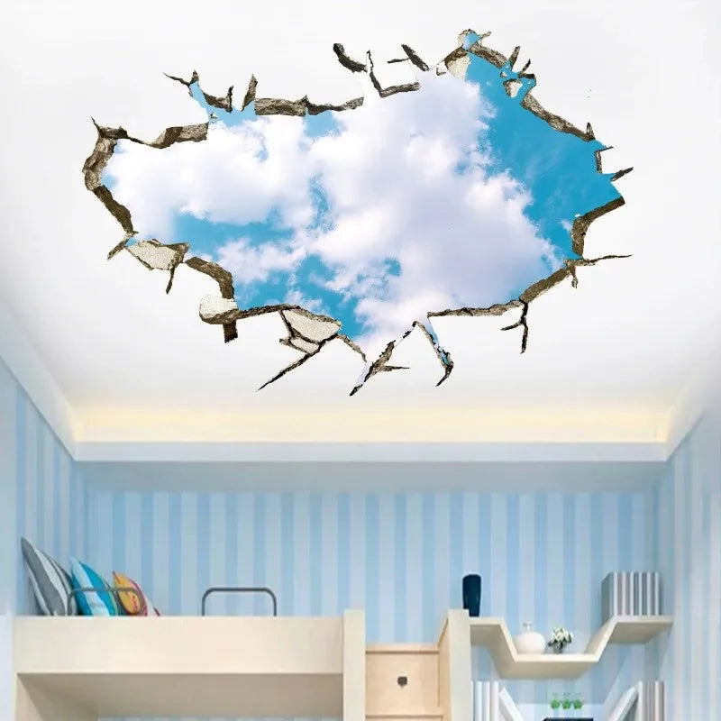 sticker mural 3d ciel bleu nuages étoiles béton fissuré adhésif chambre toit
