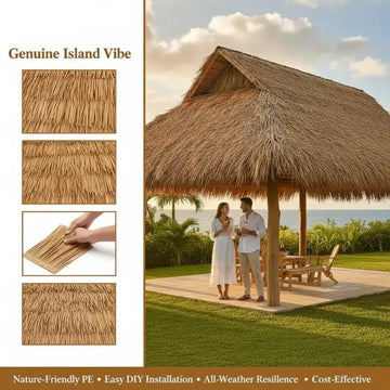 toile toiture thatch imitation paille aspect fibreux couleur beige marron nuance dorée decoratif tropical