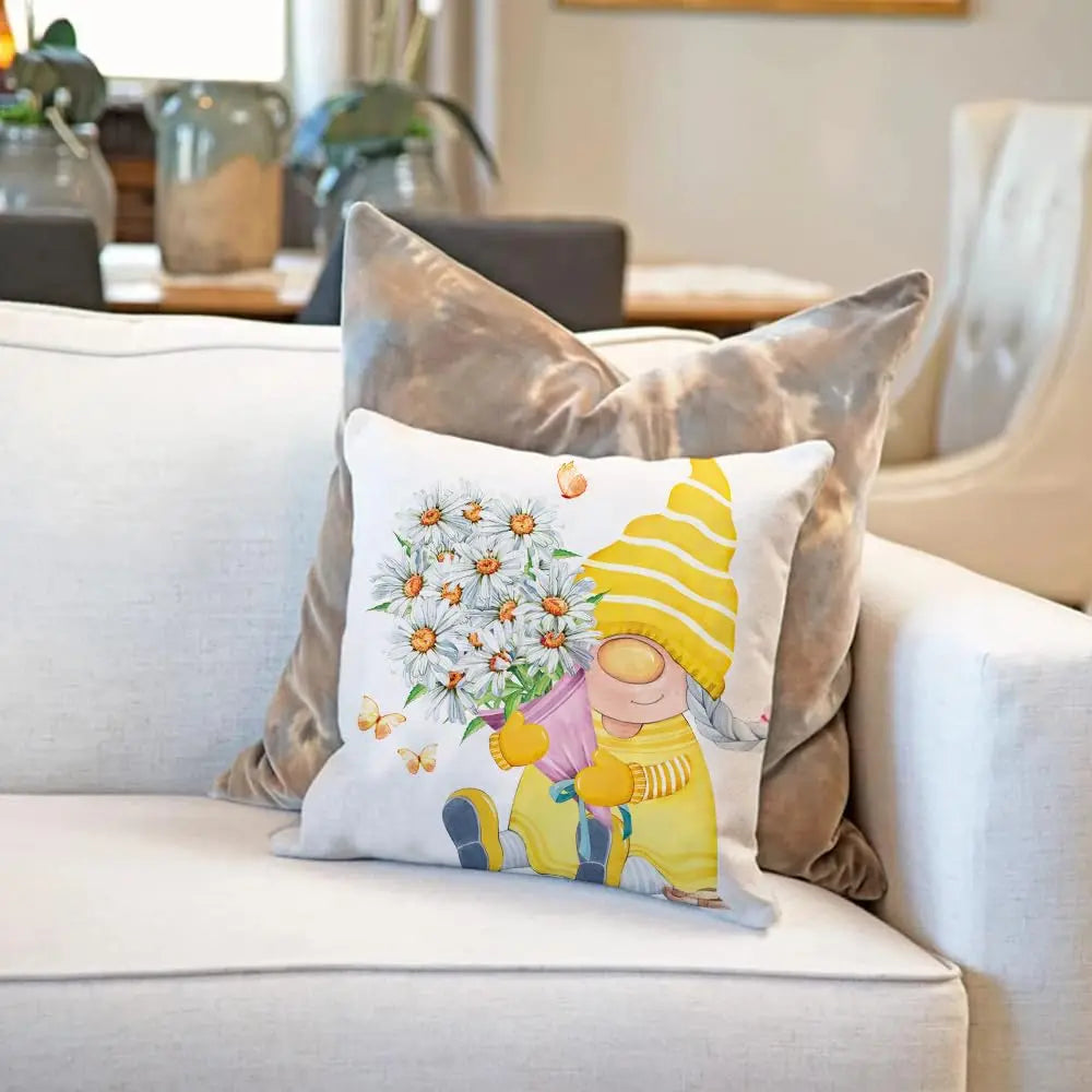 taies d'oreiller décoratives gnome fleurs blanc jaune cartoon motif floral non toxique respectueux environnement