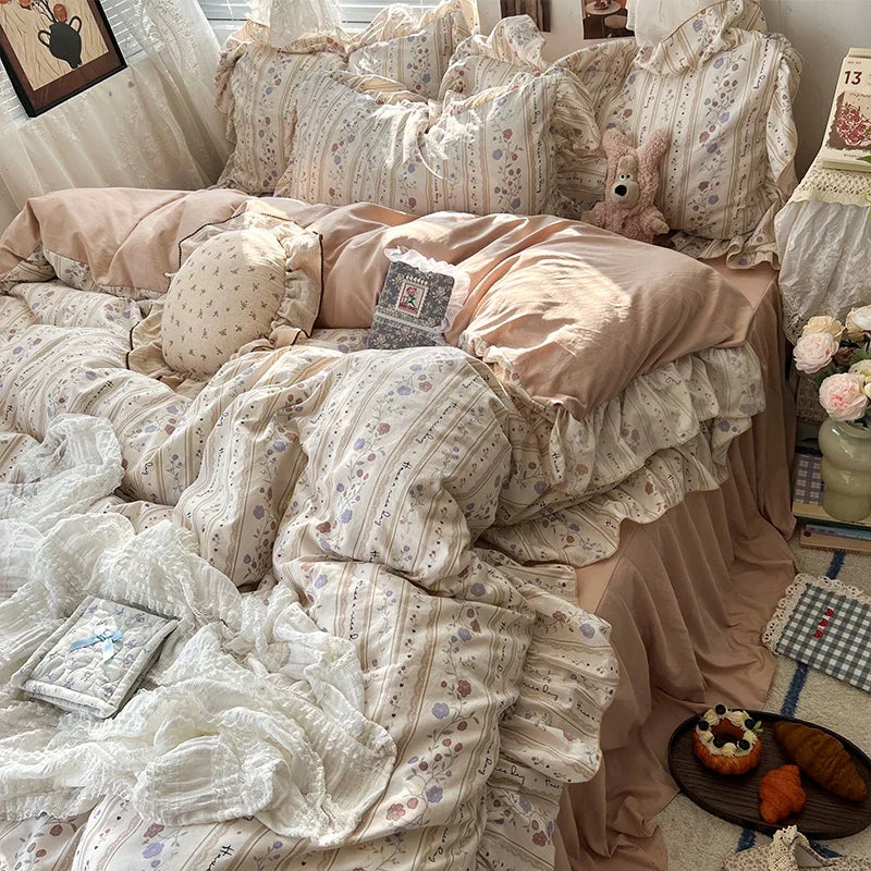 parure lit complète fleurs vintage princesse housse couette drap taies oreillers