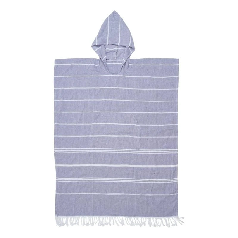 Poncho rayé bleu clair rose pâle gris poncho plage coton polyester poche franges