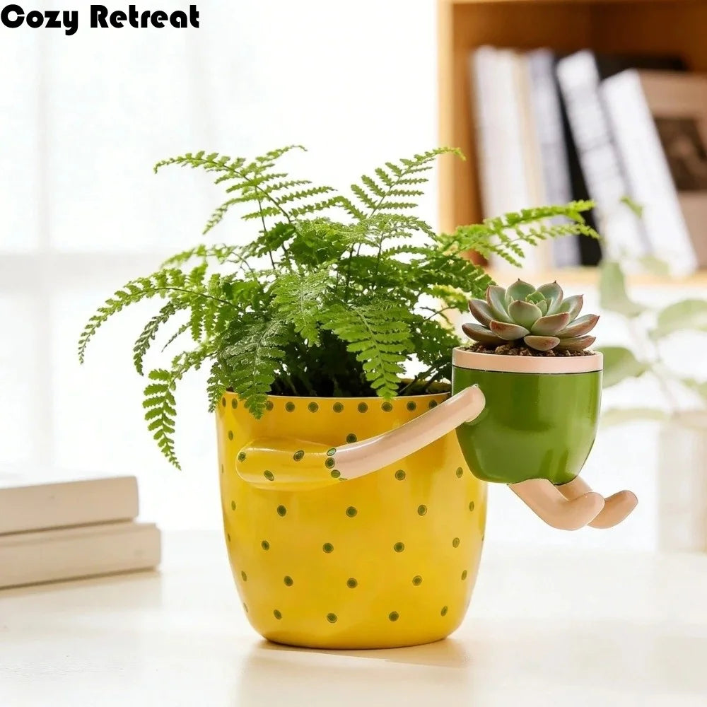 pots fleurs résine jaune vert points ludiques succulentes décoration maison plantes vertes outils jardinage