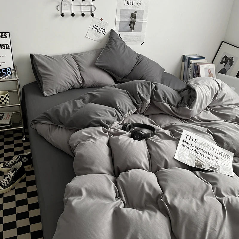 parure lit ensemble housse couette double deux taies d'oreiller coton moderne