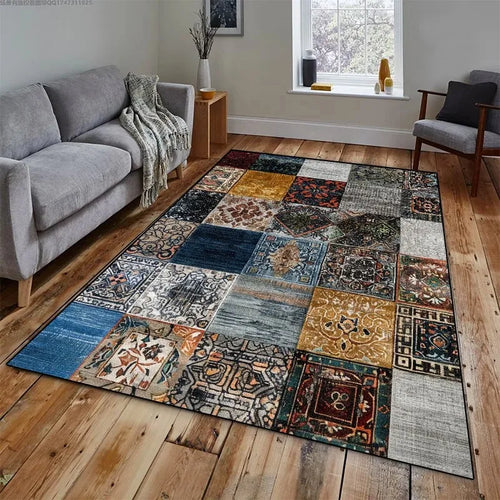 tapis salon moderne patchwork motif floral bleu vert beige noir marron décoration maison intérieur