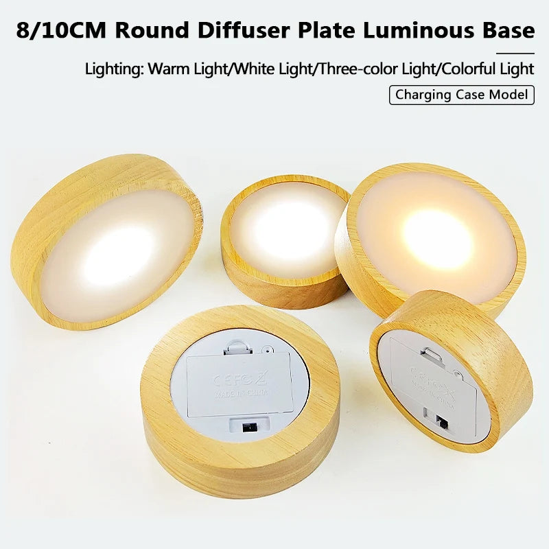 diffuseur lumineux circulaire bois naturel texture moderne bouton tactile base bois diffuseur plat led