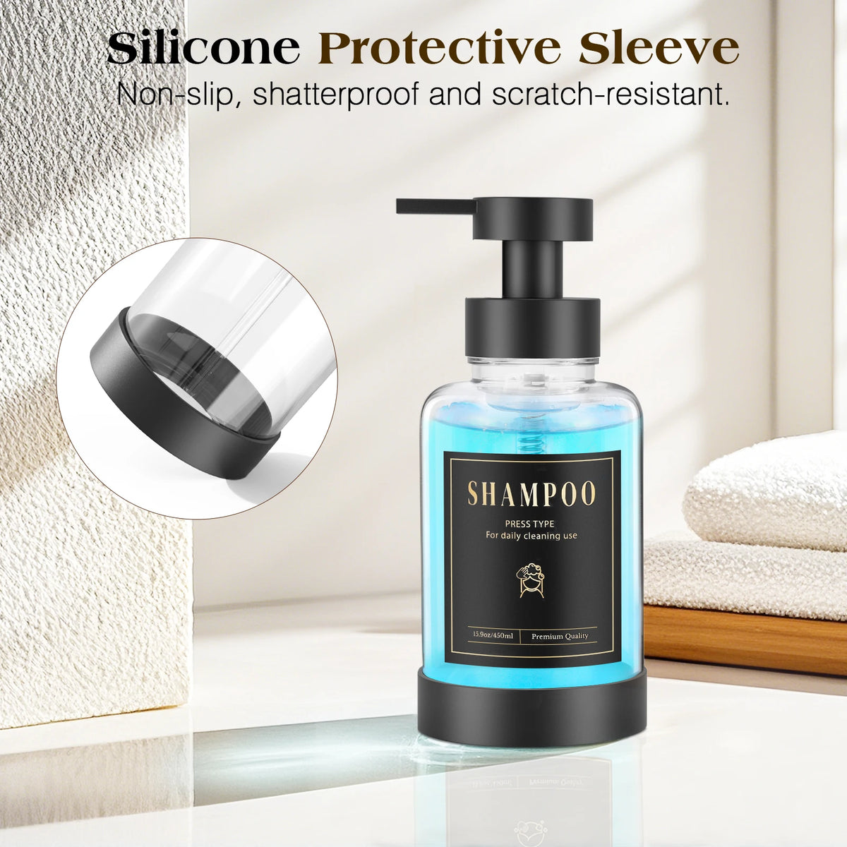 distributeur savon liquide noir bleu clair moderne minimaliste transparent pompe pression étiquette noire texte