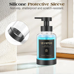 distributeur savon liquide noir bleu clair moderne minimaliste transparent pompe pression étiquette noire texte