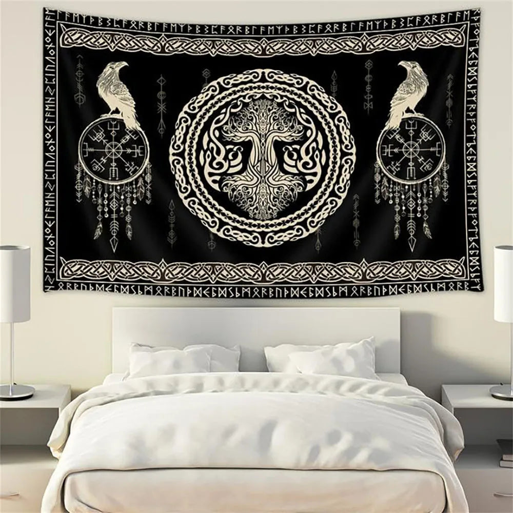 tapisserie art celtique motifs géométriques noirs blancs arbre vie runes oiseaux nordique salon