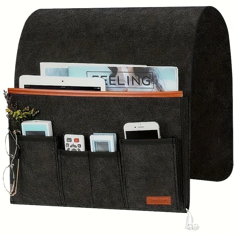 organisateur feutre gris noir accoudoir canapé pochettes rangement télécommandes livres utilitaire