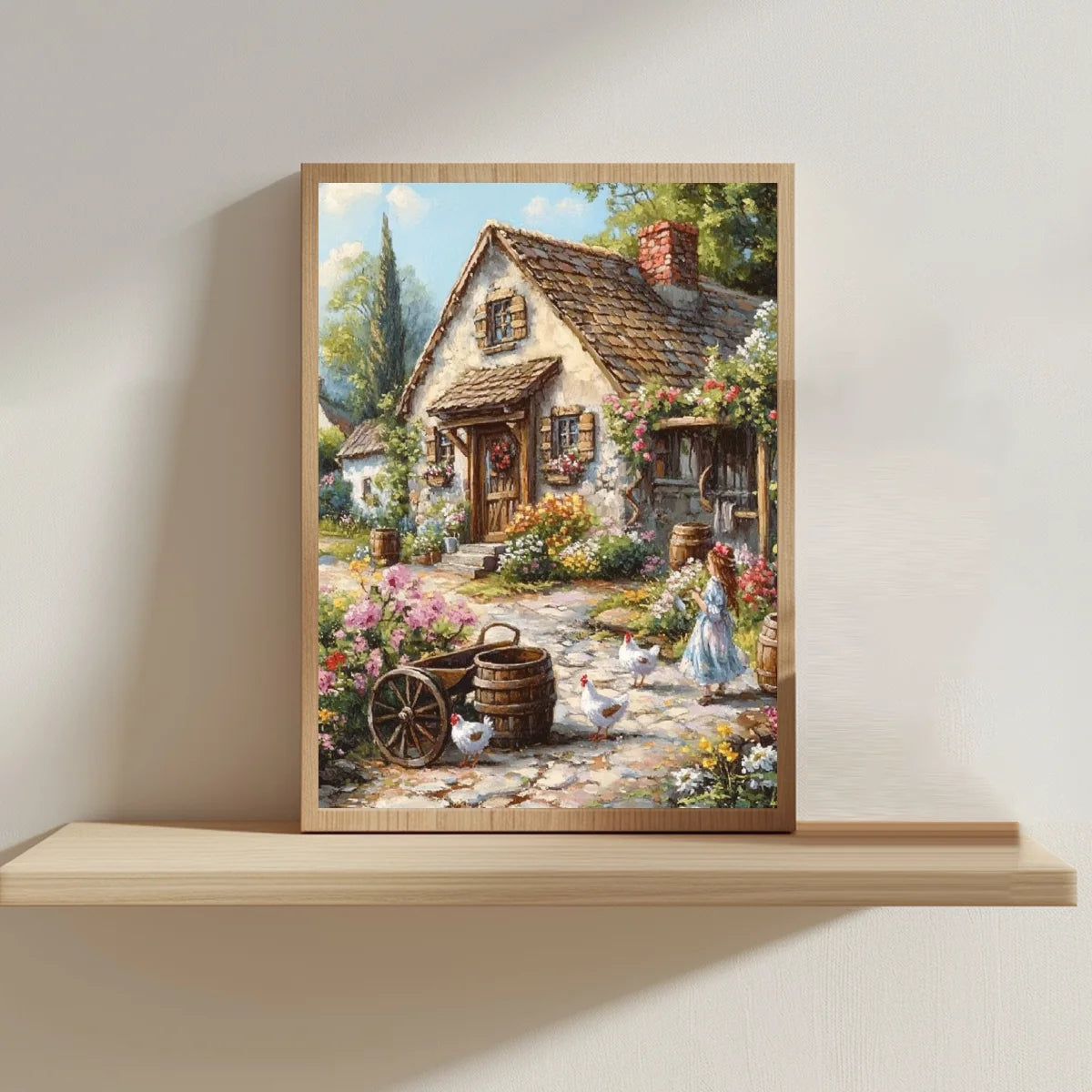 toile broderie paysage rural maison jardin fleuri peinture traditionnelle DIY instructions aiguilles fils multicolores