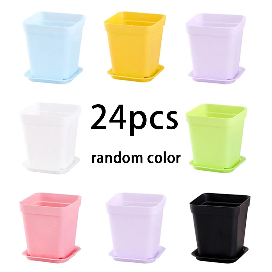 pots fleurs carrés multicolores plastique violet bleu jaune vert moderne adhésif 7cm 8cm 5cm