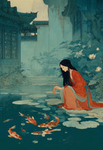 toile art paysage traditionnel poisson koi fleur cerisier temple lotus décoration intérieure murale cadre