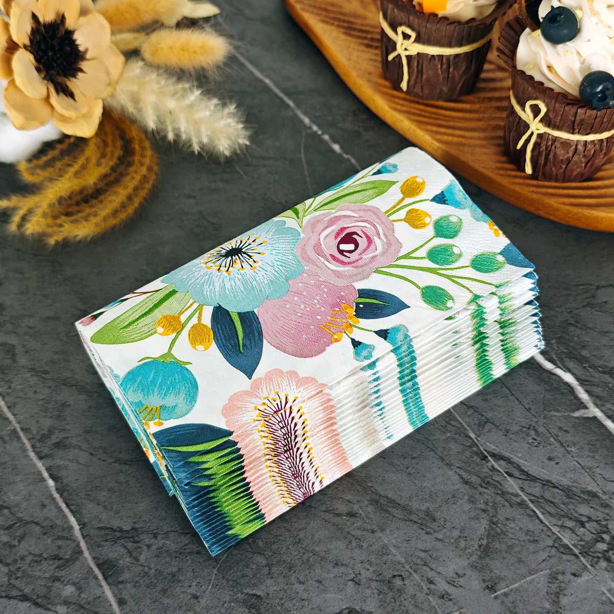 serviettes papier fleur aquarelle blanc rose bleu turquoise vert printanier