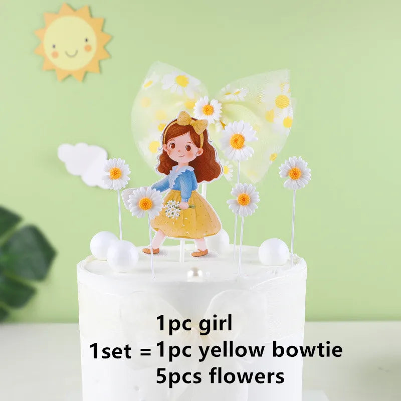 décoration anniversaire mariage figurines dessin animé fleurs rubans transparents piques bleu jaune rose