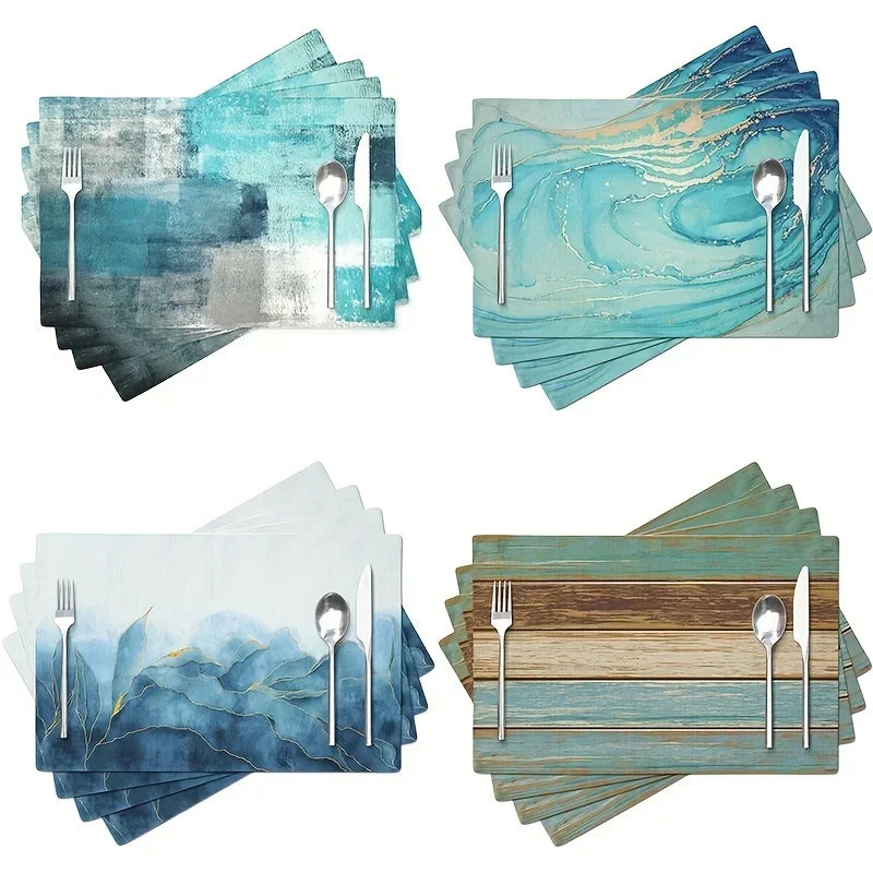 serviettes table modernes abstraites bleu gris beige doré marbré corail étoiles mer lin opaques