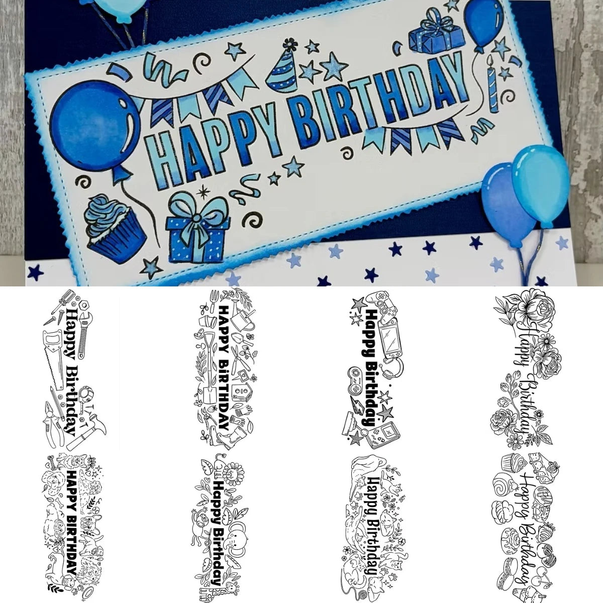 tampons transparents happy birthday fleurs animaux coeurs outils géométriques textes cartonnage anniversaire