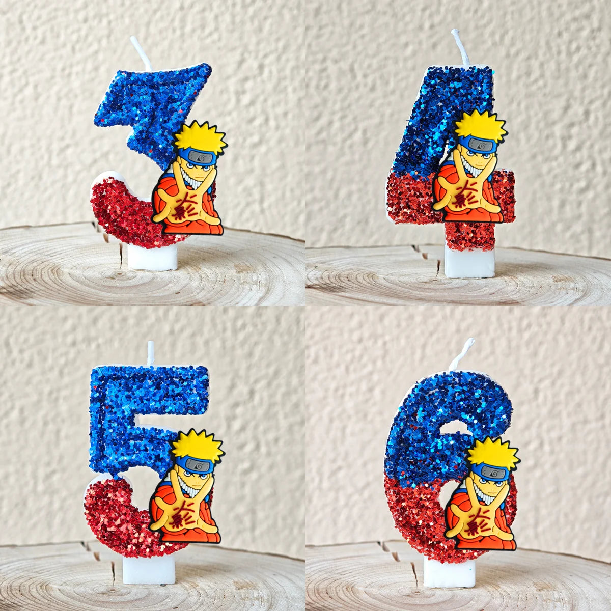 bougies décoratives anime personnages paillettes bleu rouge jaune blanc thème naruto shippuden anniversaire gâteau