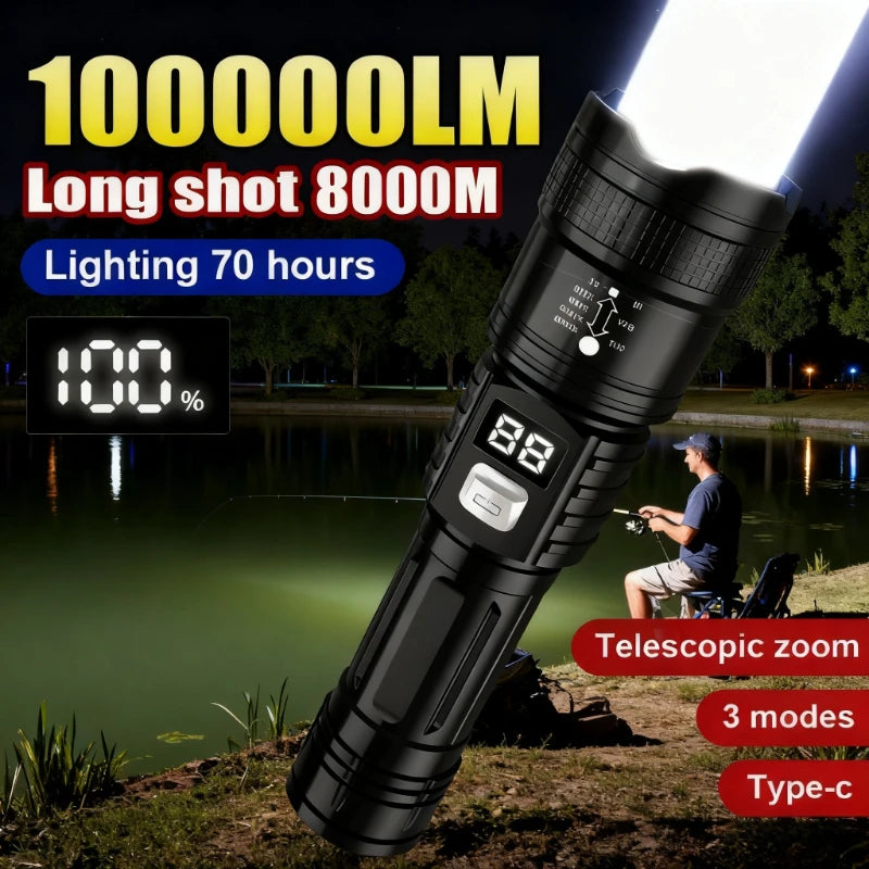 lampe torche led rechargeable super lumineuse étanche mode clignotant affichage numérique camping pêcheextérieur moderne
