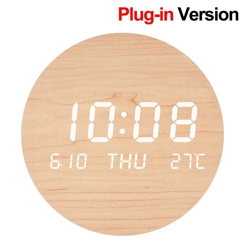 horloge murale digitale LED beige bois moderne sans cadre rechargeable