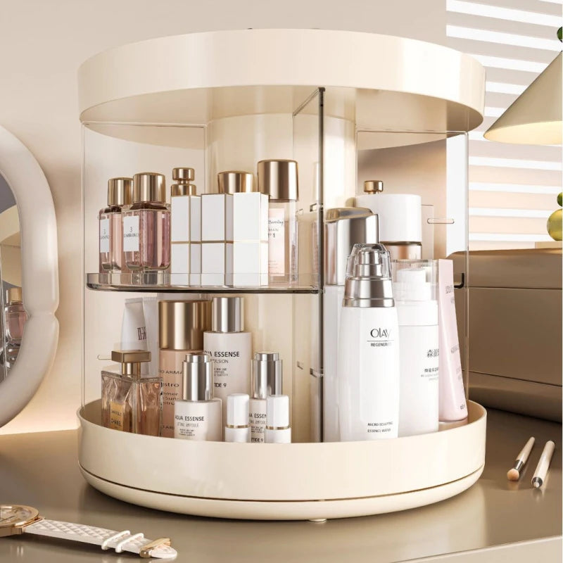 organisateur cosmétiques rotatif multi niveaux pinceaux accessoires moderne crème doré transparent opaque beauté produits