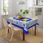 nappe rectangulaire imperméable motif floral géométrique moderne bleu blanc jaune citron réutilisable polyester table