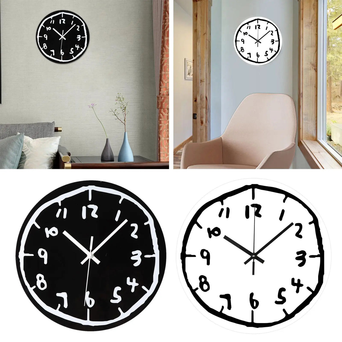 horloge murale moderne noire blanche dessin trait minimaliste chambre salon decoration art muet
