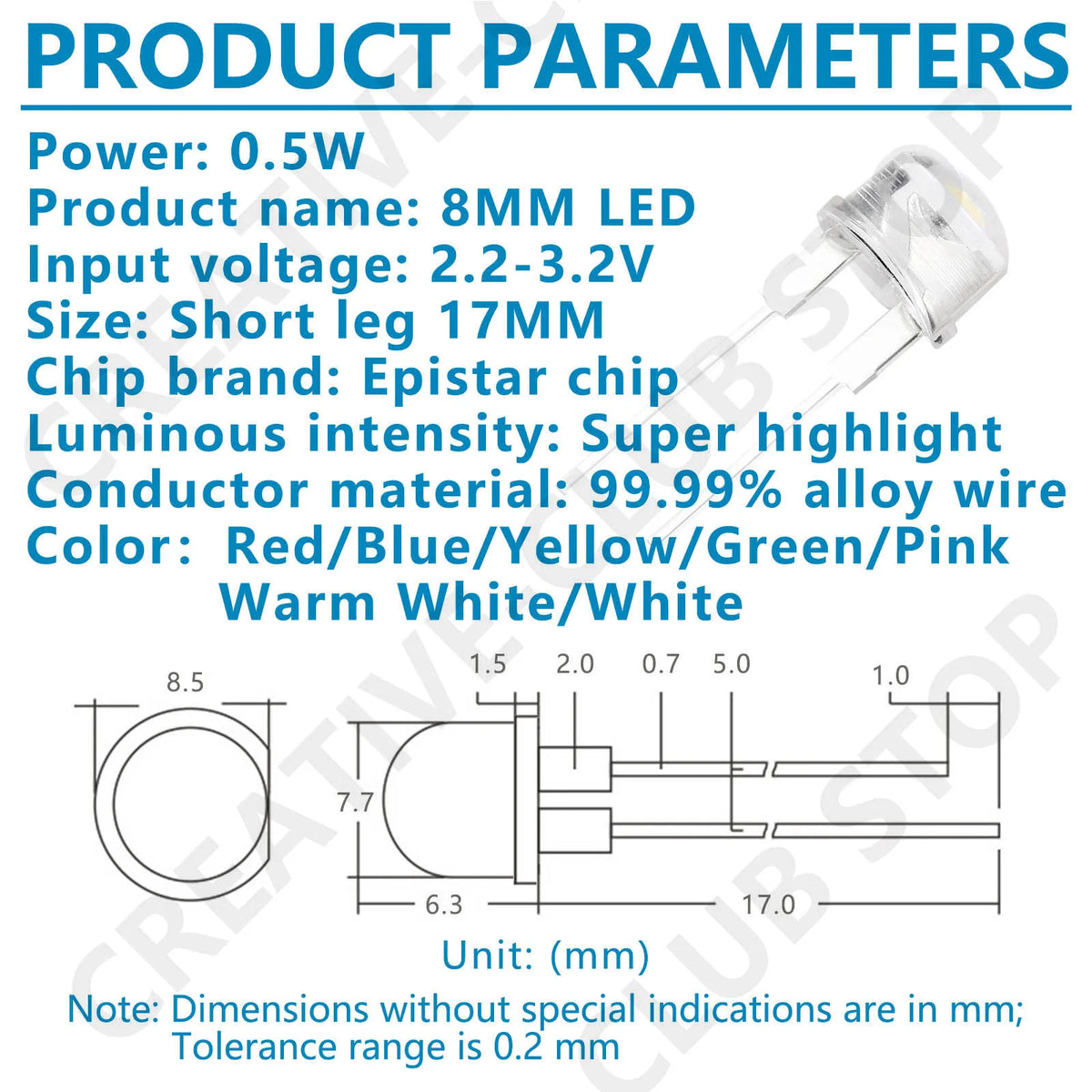 diode led 8mm chapeau paille rouge bleu jaune vert rose blanc chaud décoration