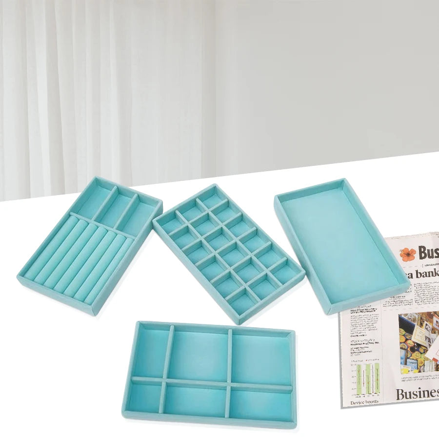 présentoir bijoux boîte turquois velours moderne pendentifs boucles d'oreilles rangement organisation plateau
