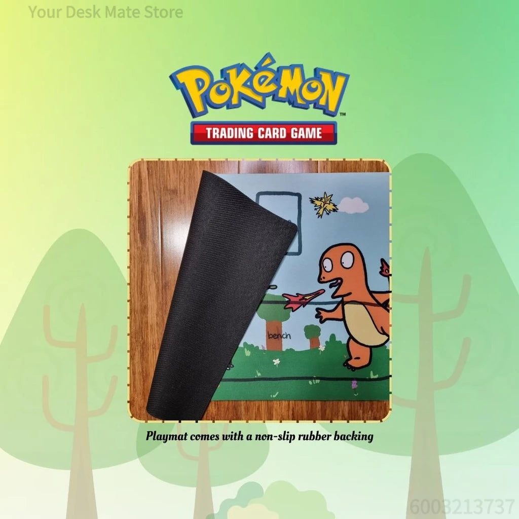tapis jeu cartes pokémon illustration vert orange bleu blanc noir anti dérapant caoutchouc