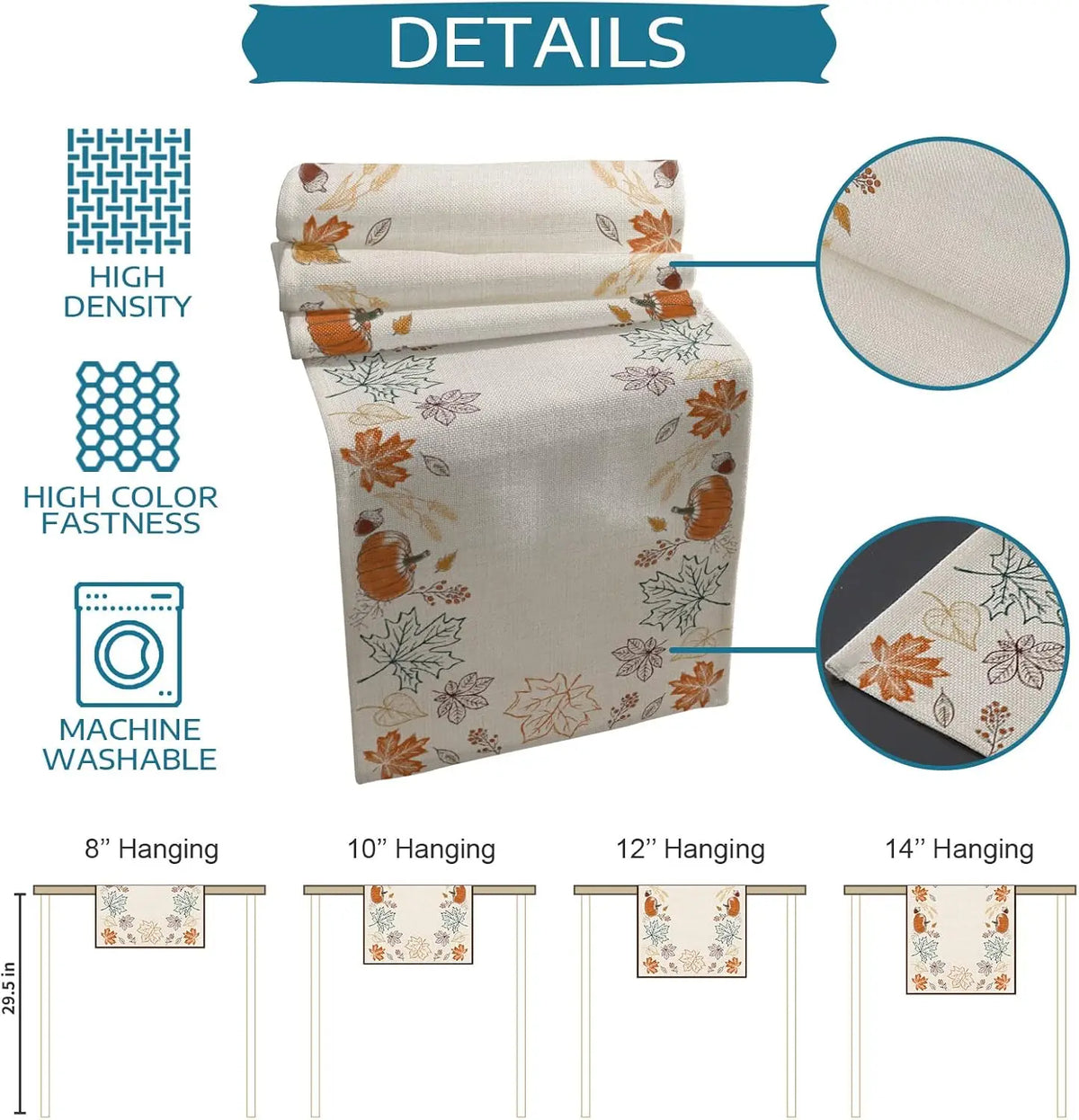 Un chemin de table en lin beige orné de feuilles d'automne colorées, disponible en différentes tailles pour s'adapter à vos besoins.