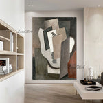 tableau moderne abstrait toile huile sans cadre gris rouge vertical